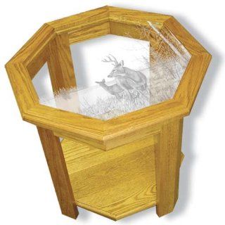 Oak Glass Top End Table With Cabin And Deer Etched Glass   Cabin And Deer End Table Furniture   Unique Cabin And Deer Gift Ideas   Fully Assembled   22" x 22" x 20" high  