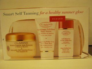 Clarins Paris SMART SELF TANNING 4 Pc. SET 4.2 Oz. Delectable Self Tanning Mousse + 1.04 Oz. Smoothing Body Scrub for A new skin + 1.06 Oz. High Definition Body Lift + Caramel Bag  Sunscreens And Tanning Products  Beauty