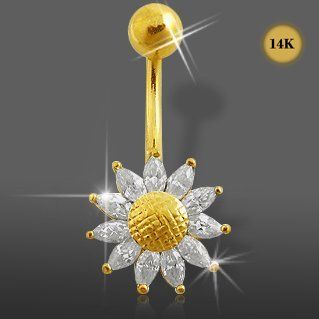 Navel Ring Gold Body Piercing Jewelry 14k Sunflower with Cz Stone Belly Ring   14gx3/8 (1.6x10mm) Curved Barbell with 5mm Ball Belly Button Piercing Ring Jewelry