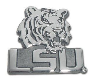 LSU Louisiana State University "Metal Tiger Head Mascot with Block Letters" Chrome Plated Premium Metal Car Truck Motorcycle NCAA College Emblem Automotive