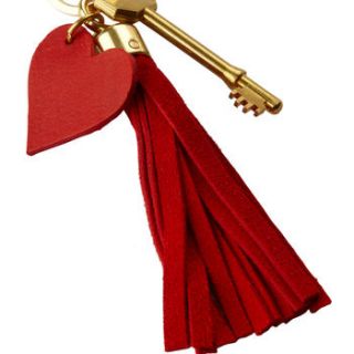 red suede heart key ring by bridge in the box