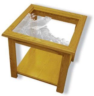Oak Glass Top End Table With Great Horned Owl Etched Glass   Great Horned Owl End Table Furniture   Unique Great Horned Owl Gift Ideas   Fully Assembled   22" x 22" x 20" high  