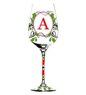 Hand Painted Monogrammed Holiday Wine Glass with Red and Green Holly in Letter A Kitchen & Dining