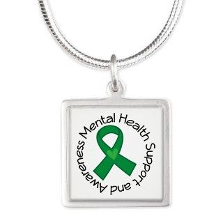 Mental Health Heart Ribbon Silver Square Necklace by greenribbonawarenesstees