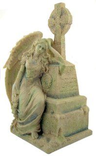 Gothic Weeping Angel Sitting Leaning on Grave with Celtic Cross 9 1/8" Stone Statue Figurine  