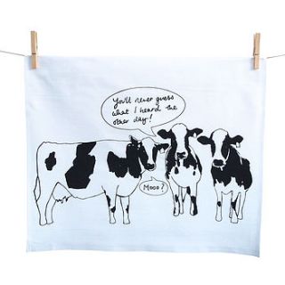 screen printed gossiping cow tea towel by megan alice england