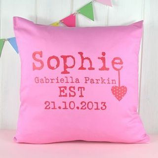 girl's personalised pink birth date cushion by tillie mint
