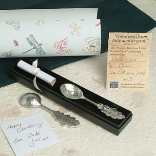 personalised hand stamped great oaks christening spoon by glover & smith