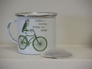 life's a journey, owl and bicycle enamel mug by alphabet interiors
