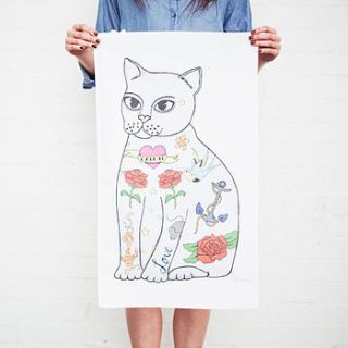 tattoo cat tea towel by sophie parker