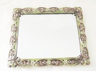 Welforth Fine Pewter Green Epoxy Floral Pattern Bejeweled Rim Mirror Vanity Tray with Crystals  