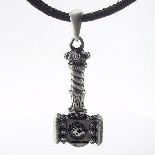 DaisyJewel Thor's Battle Hammer Mjolnir Mjlnir Mjollnir Viking Dark World Pendant Necklace Pewter with Battle Worn Silvertone Patina and Intricate Detailing in Black and Silver   Unisex Hammer Charm Comes on Black Leather Cord   16" with Silver C