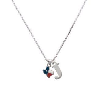 Mini State of Texas Initial Charm Necklace Color Red, White, & Blue;Large Block Letter J Pendant Necklaces Jewelry