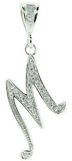 Sterling Silver Large Script Initial Letter M Pendant w/ Cubic Zirconia Stones, 1 1/2 inch tall Necklaces Jewelry