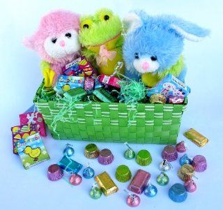 Green Woven Holiday Easter Basket Filled With Three Stuffed Animals, 4 Boxes Of Holiday Stickers & Hersheys Candy Assortment Toys & Games