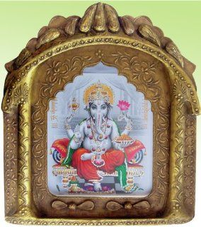 Lord Ganesha Giving Blessings Poster Painting in Wood Craft Jharokha, Handicraft Store   Prints