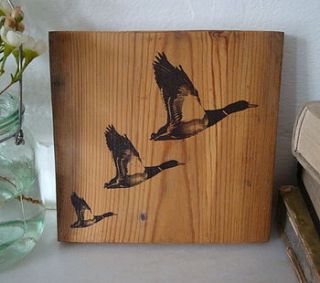 flying ducks printed on reclaimed timber by northern logic