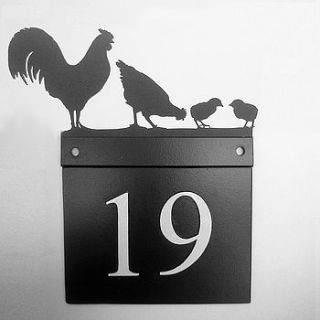 cockerel hen and chicks house number plate by black fox metalcraft
