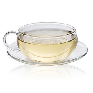 glass tea cup and saucer by the exotic teapot