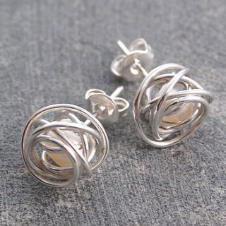 silver caged white pearl stud earrings by otis jaxon silver and gold jewellery