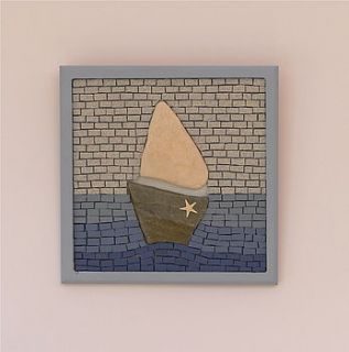 white sailboat mosaic wall art by rana cullimore
