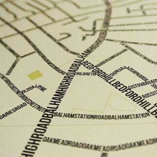 balham typographic street map by place in print