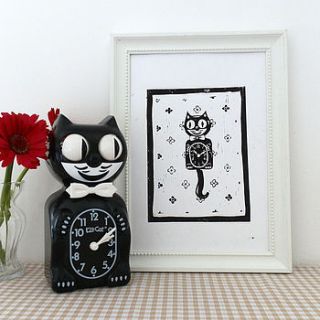 retro cat clock linocut print by woah there pickle
