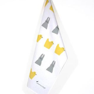 'feeling chirpy' chick and rabbit tea towel by catherine tough