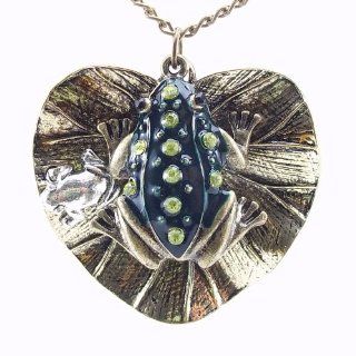 DaisyJewel Enchanted Frog Prince Fairytale Pendant Necklace   Solid Heart Shaped Lily Pad with Detailed Enamel and Crystal Encrusted 3D Green Frog and Small Silver Baby Frog   Beautiful Vintage Patina Gives a Classic Heirloom Look and Feel Jewelry