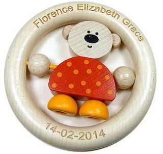 personalised teddy wooden ring baby rattle by wooden keepsakes