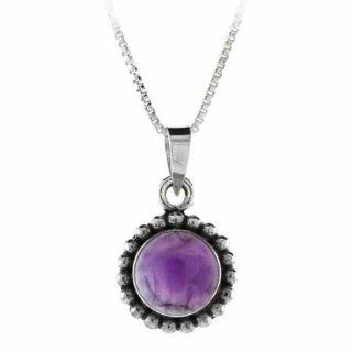 Sterling Silver Bali Beaded Genuine Cabochon Amethyst Stone Circle Pendant Jewelry