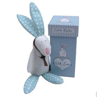 new baby boy rabbit rattle with gift box by lush baby