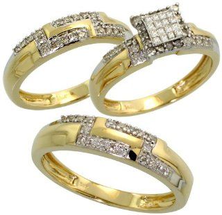 14k Yellow Gold Trio 3 Piece His (5mm) & Hers (4.5mm; 7mm) Wedding Band Set, w/ 0.64 Carat Brilliant Cut Diamonds; (Men's Size 9 to 12), size 8 Jewelry