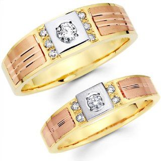 14K Two Tone His and Hers Diamond Wedding Band Set Jewelry