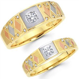 14K Tri Color His and Hers Wedding Band Set Jewelry
