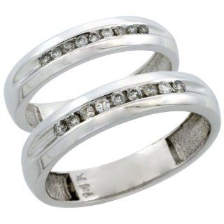 14k White Gold 2 Piece His (5mm) & Hers (4mm) Diamond Wedding Ring Band Set w/ 0.27 Carat Brilliant Cut Diamonds; Ladies Size 6.5 Jewelry