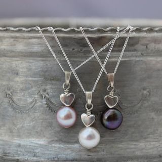mini pearl pendant with silver heart by bish bosh becca