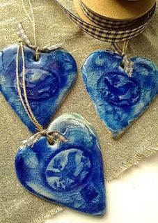 glassy blue ceramic heart by little brick house ceramics