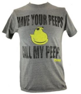 Peeps (Delicious Easter Candy) Mens T Shirt   Distressed "Have Your Peeps Call My Peeps Image on Gray (Small) Clothing