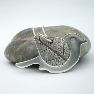 silver bird pendant with leaf imprint wing by ali bali jewellery