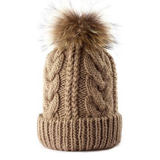 cable knit fur pom pom bobble hat by somerville scarves