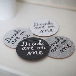 set of four 'drinks are on me' coasters by karin Åkesson