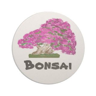 Upright bougainvillea bonsai painting with word beverage coaster
