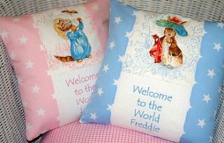 beatrix potter welcome to the world cushion by tuppenny house designs