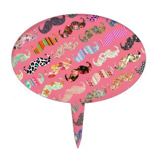 Funny Girly Colorful Pink Aztec Patterns Mustaches Cake Picks