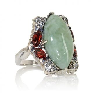 Jade of Yesteryear Green Jade, Garnet and CZ Sterling Silver Ring