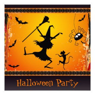 Funny Dancing Witch and Cat Halloween Party Custom Invitation