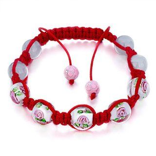 Bling Beads Pink Pattern Murano Glass On Red Cotton Rope Lace Style Adjustable Bracelet Beadscrystal Swarovski Crystal Stone Balls Bracelet (36 Colors To Choose From) Arts, Crafts & Sewing