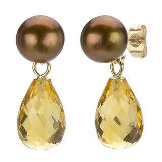 DaVonna 14k Gold Brown FW Pearl and Citrine Drop Earrings (6 6.5 mm) DaVonna Pearl Earrings