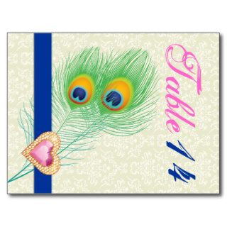 Peacock feather jewel heart wedding table number postcard